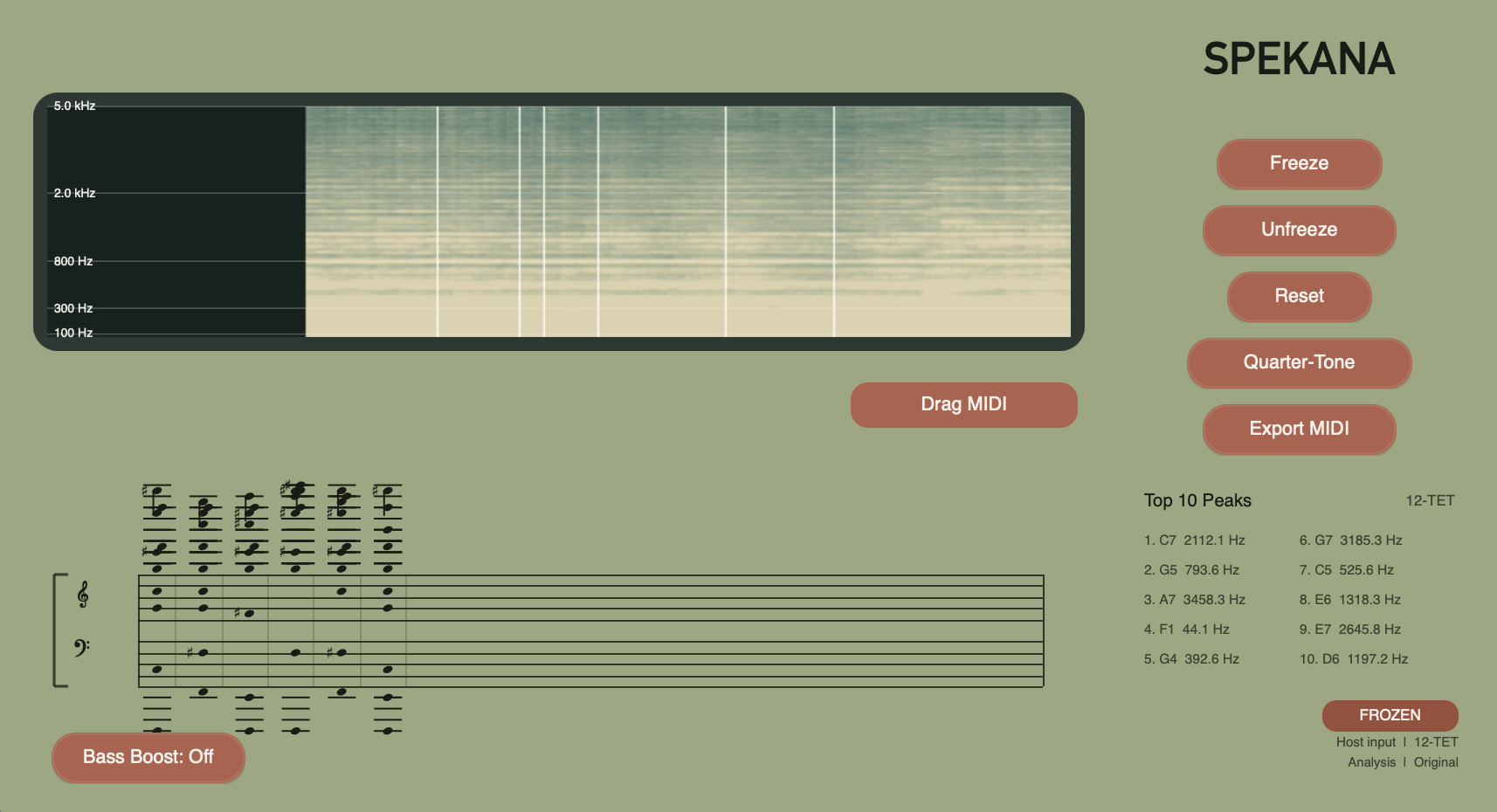 SPEKANA interface showing a spectrogram, captured chords on a staff, tuning controls, and detected spectral peaks.